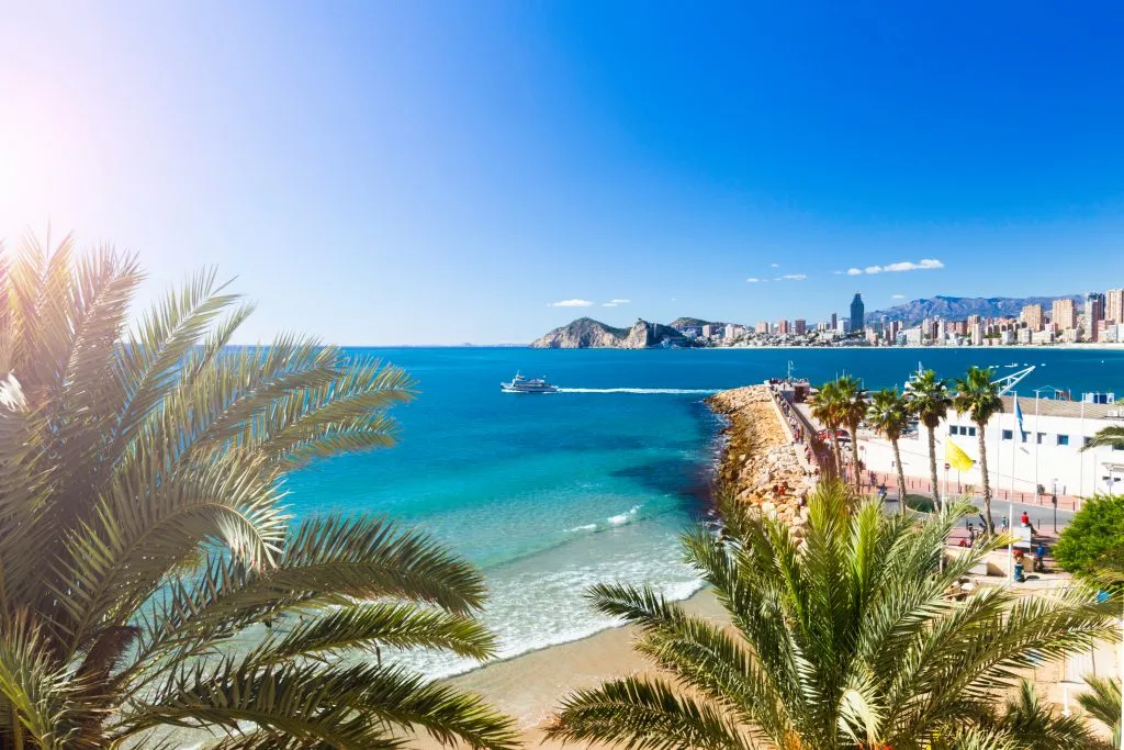 Poniente beach with palm trees, the port, skyscrapers and mountains , Benidorm Spain